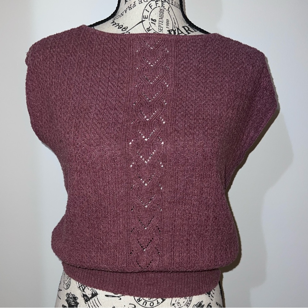Vintage Mauve Knit Cap Sleeve Top with Eyelet Detail Small